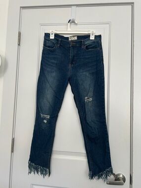 Free People Dark Blue Distressed Women's Jeans with Frayed Hem